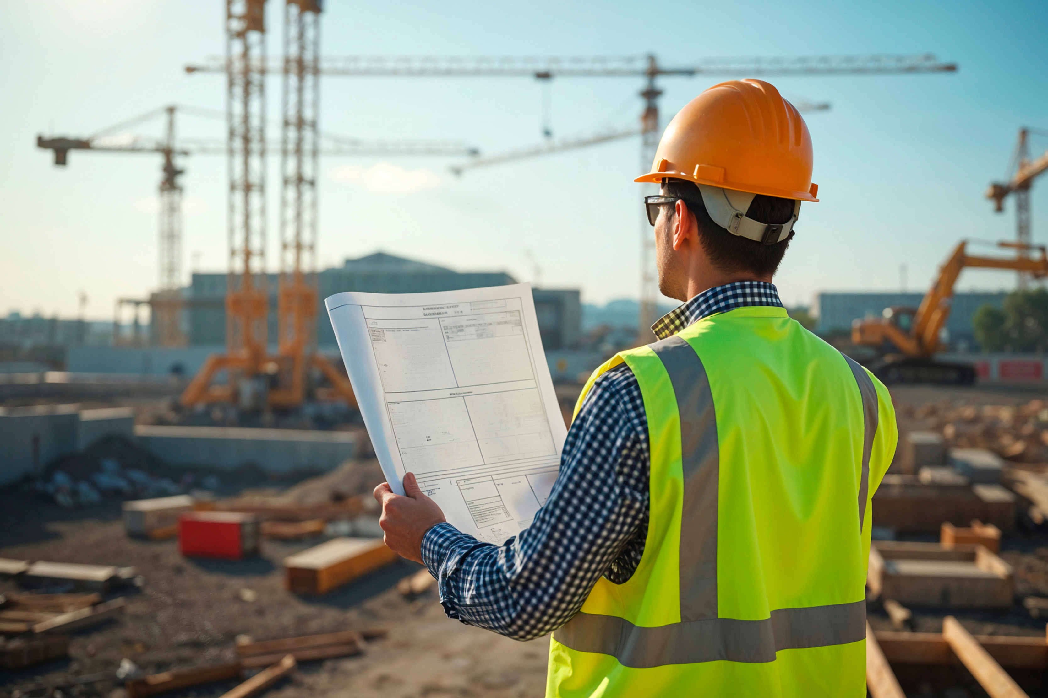 Construction worker reviewing blueprints at active construction site