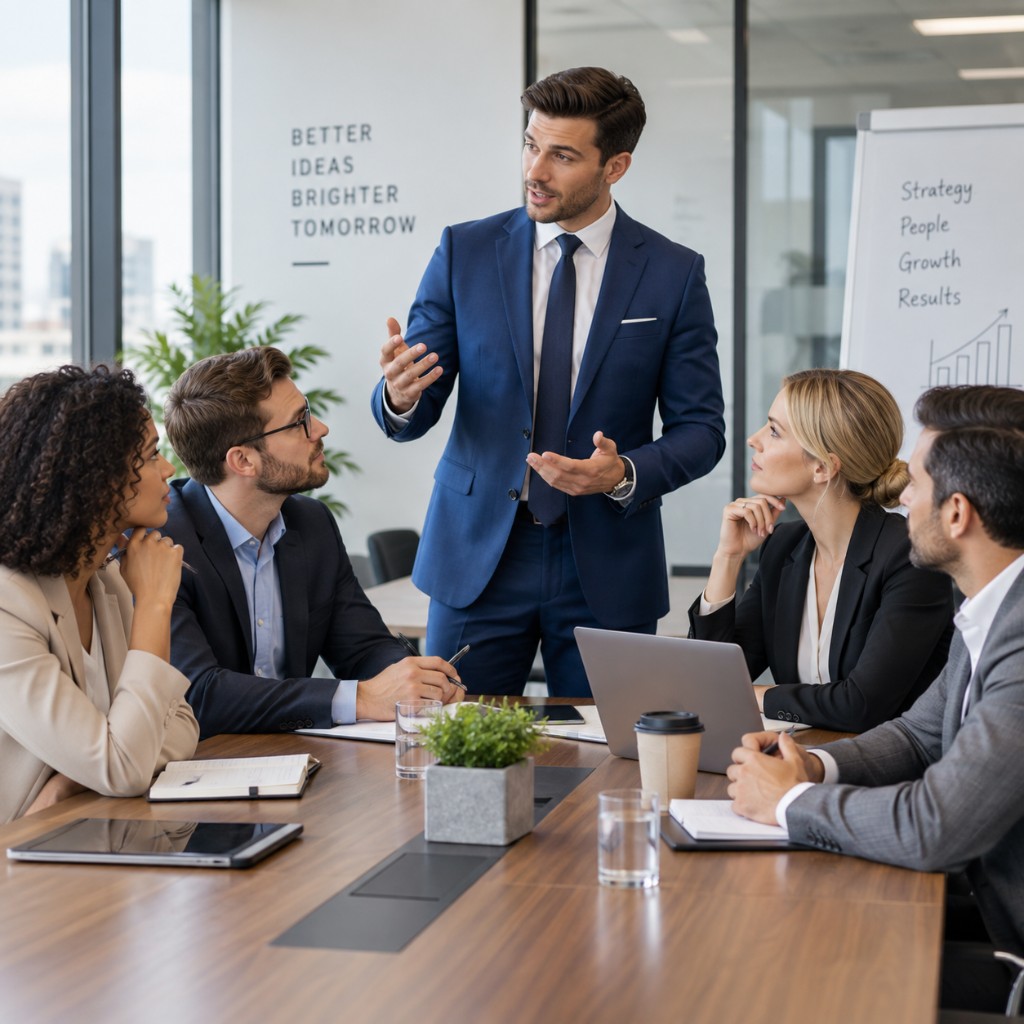 Team meeting around a conference table with a presenter in a blue suit