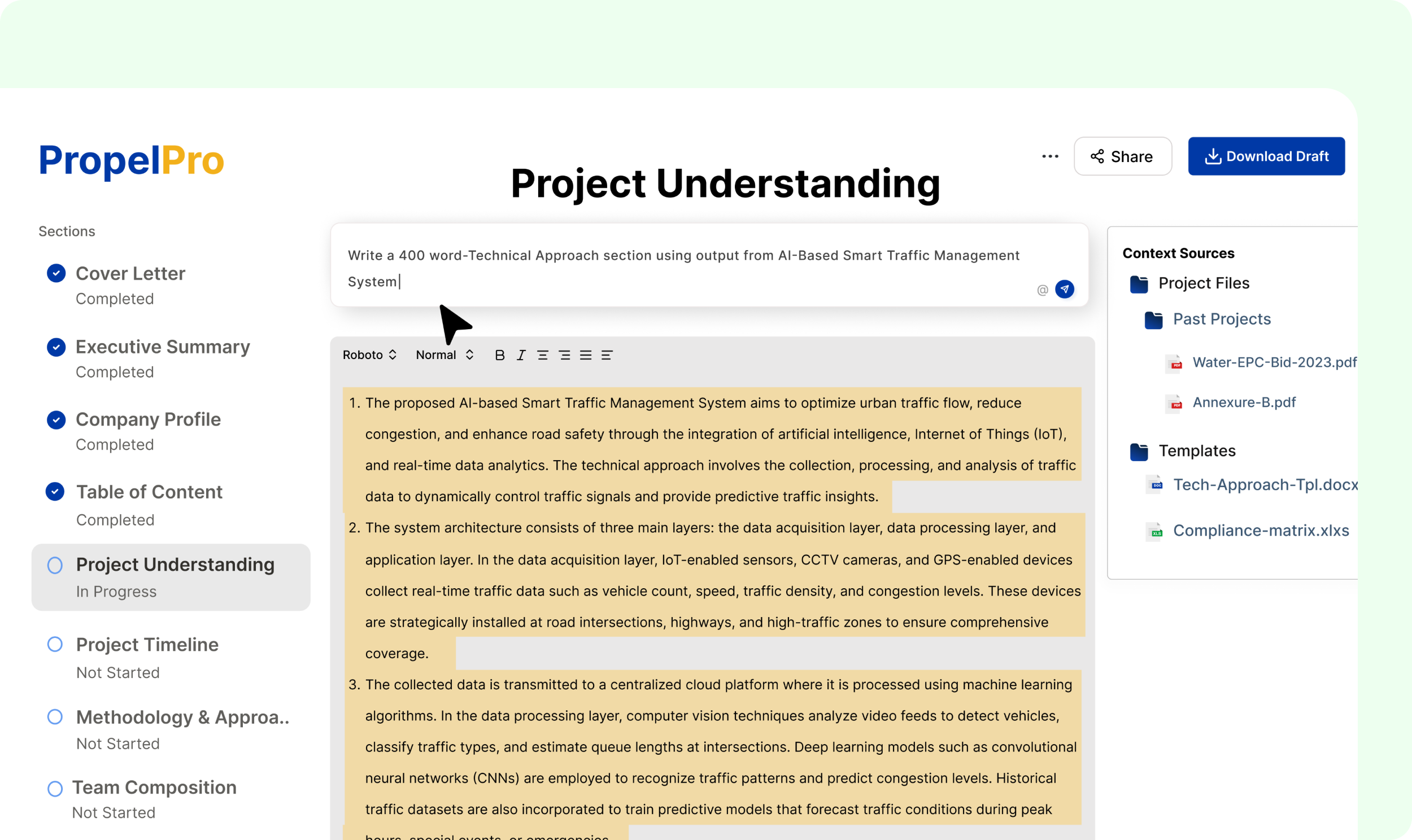 Project timeline and AI-assisted drafting – document matching interface